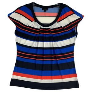 Worthington Womens Blouse Size Large Pleated Striped Cap Sleeve Blue Stretch